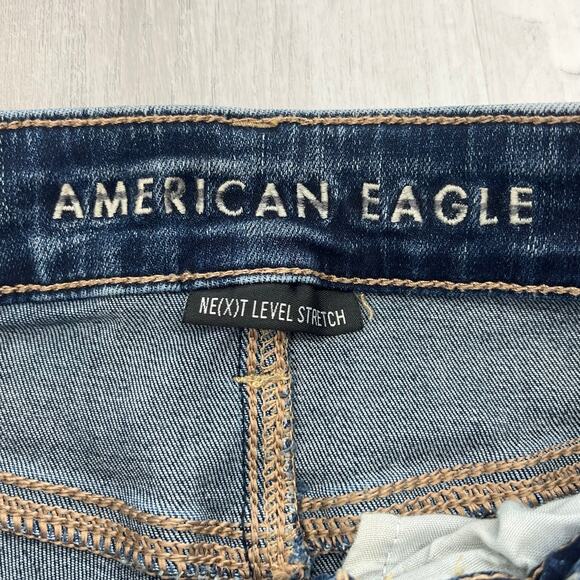 American Eagle Next Level Stretch Hi-Rise Dark Wash Button Distressed Jegging 4 - Picture 5 of 11